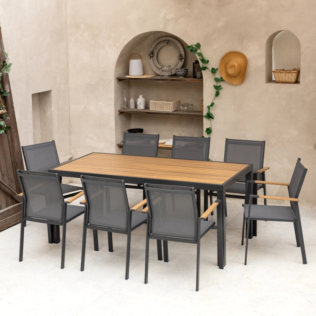 Set di mobili da giardino PALERMO in textilene grigio con 8 posti a sedere - alluminio antracite ed effetto legno