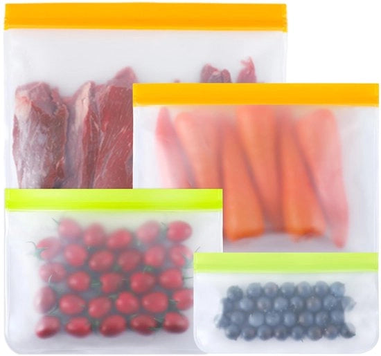 Set di contenitori per alimenti riciclabili (24 pezzi), 4 misure di sacchetti in silicone e PEVA impermeabili, sacchetti riciclabili per panini e snack spessi per pranzo, frutta, carne, viaggi, contenitori per alimenti per la cucina