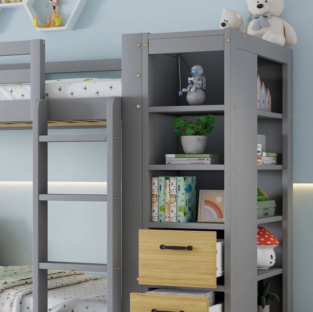 Letto a Castello Grigio in Legno 90x200 cm con Cassettoni, Scaffale Laterale e Comodino Mobile