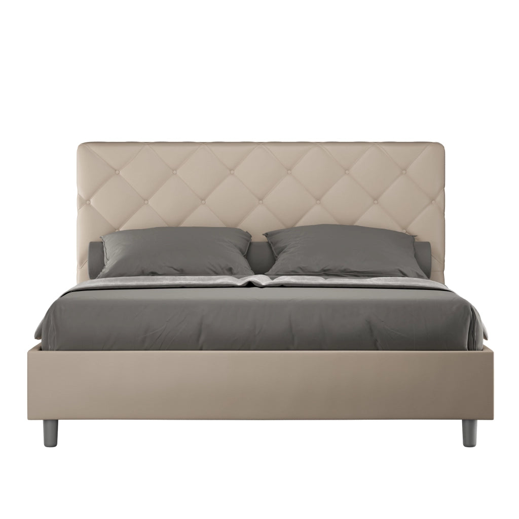 Letto Matrimoniale 160x190 cm con Rete e Contenitore con Testata e Alzata Comoda Imbottito in Similpelle Priya Tortora