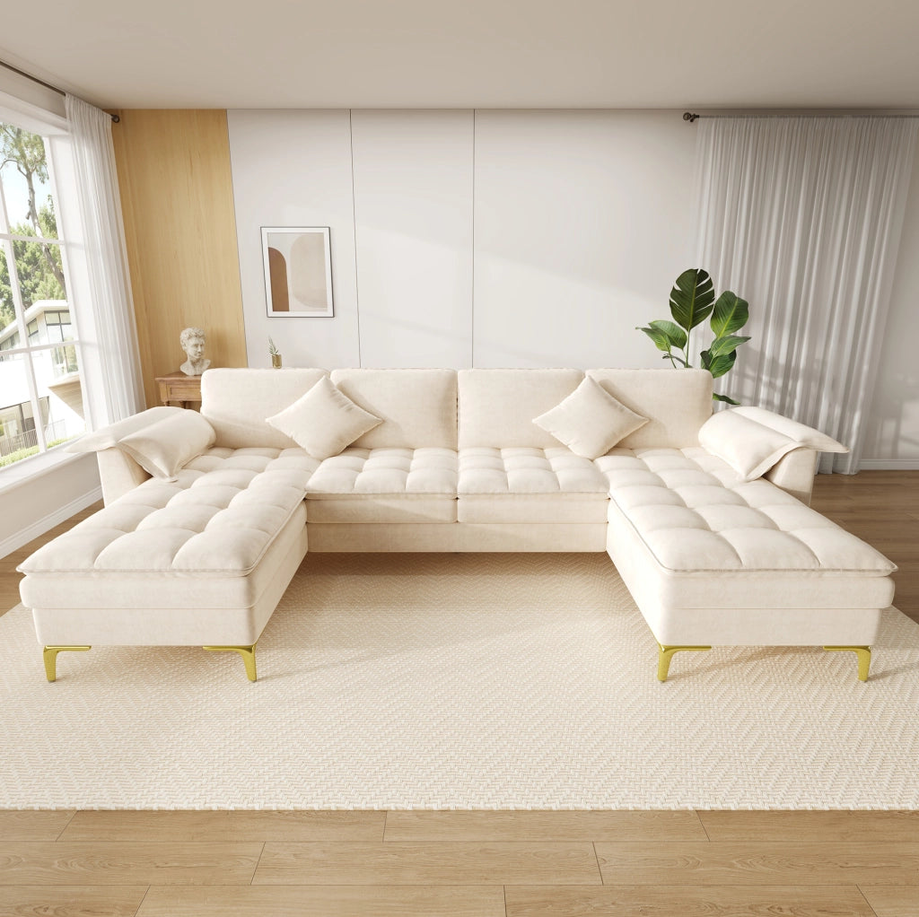 Divano angolare modulare a U 4-5 posti in chenille beige