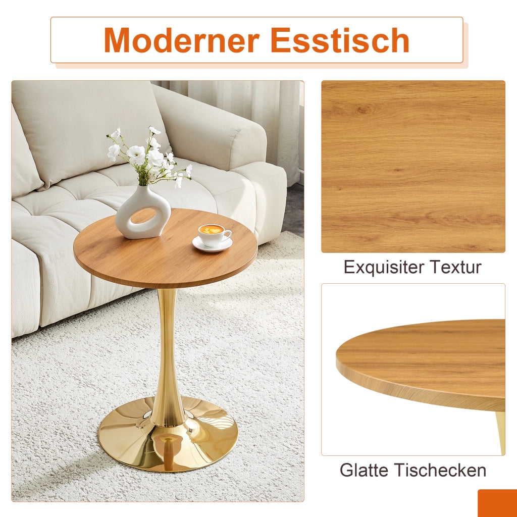 Tavolo rotondo da pranzo per 2 persone con base in metallo dorato e piano effetto legno, per soggiorno, 60 cm