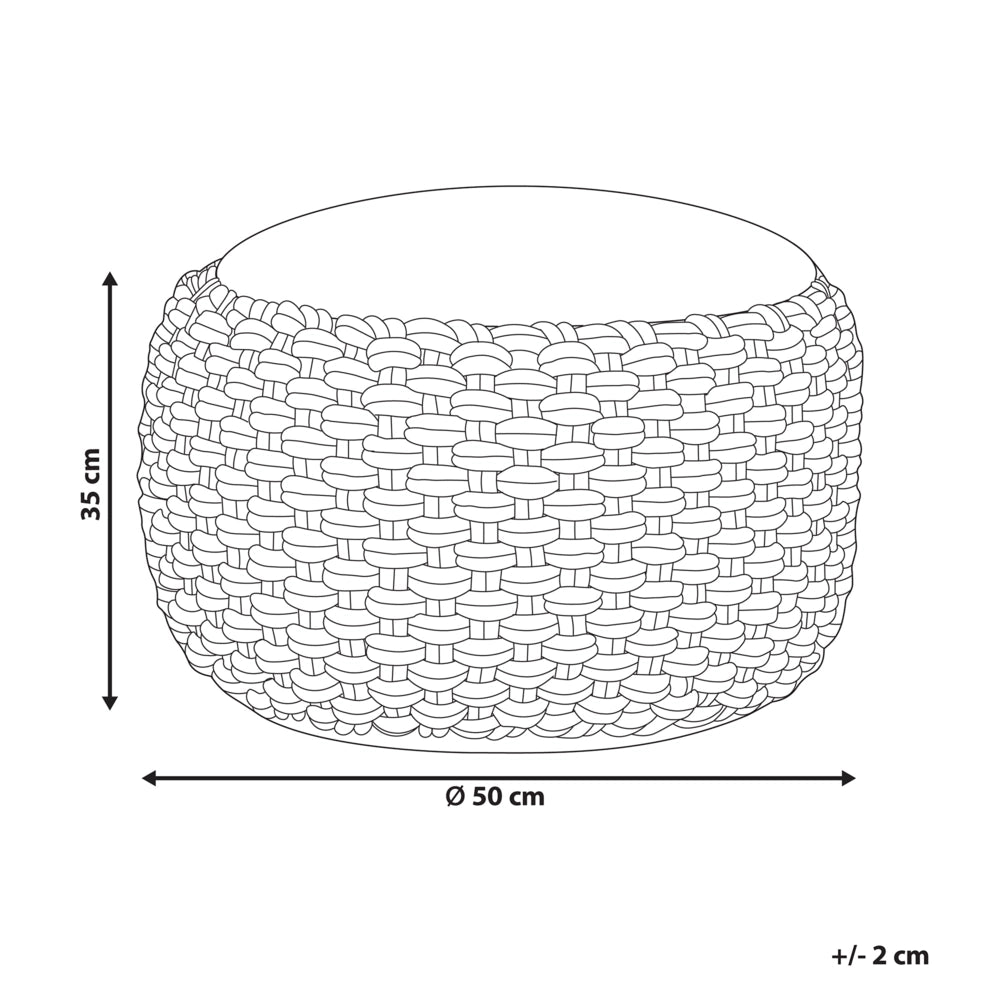 Pouf ottomano bianco e beige in cotone lavorato a maglia, iuta e perline EPS, poggiapiedi rotondo di piccole dimensioni 50 x 35 cm in stile bohémien.
