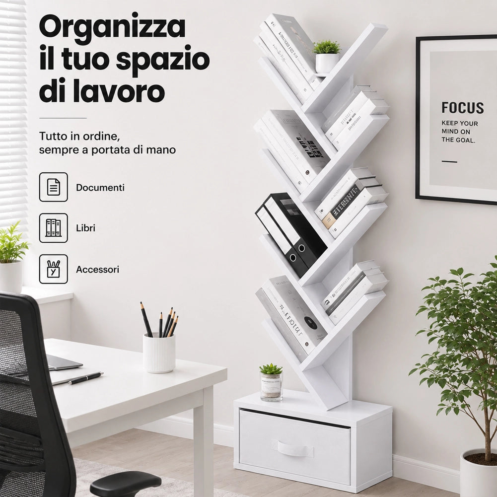 Libreria Design Moderno Bianco Scaffale 10 Ripiani con Cassetto Tessuto