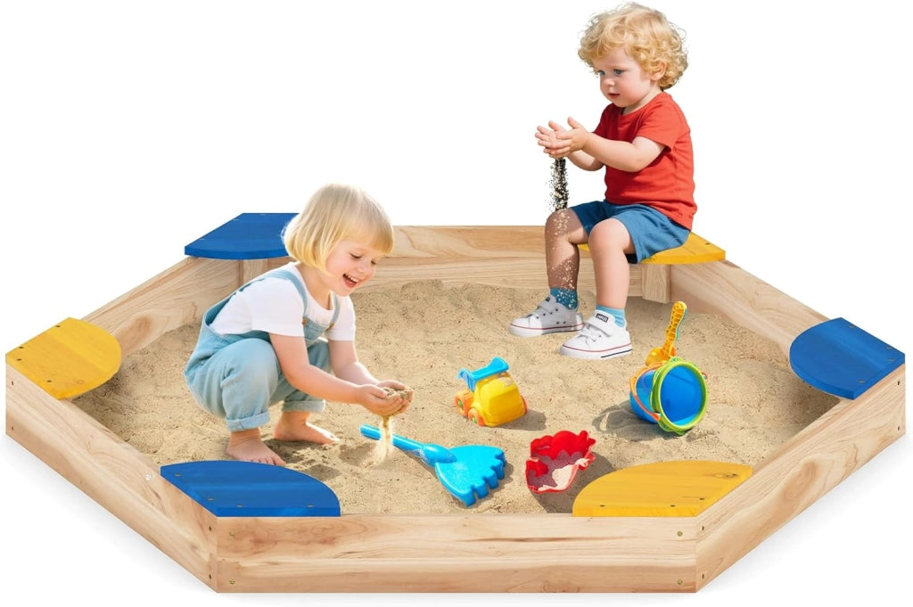 Sabbiera in Legno per Bambini, Combo Piscina di Sabbia e Fioriera Aperta con 6 Sedili per Giardino, 140 x 122 x 14 cm, per Bambini 3 Anni+