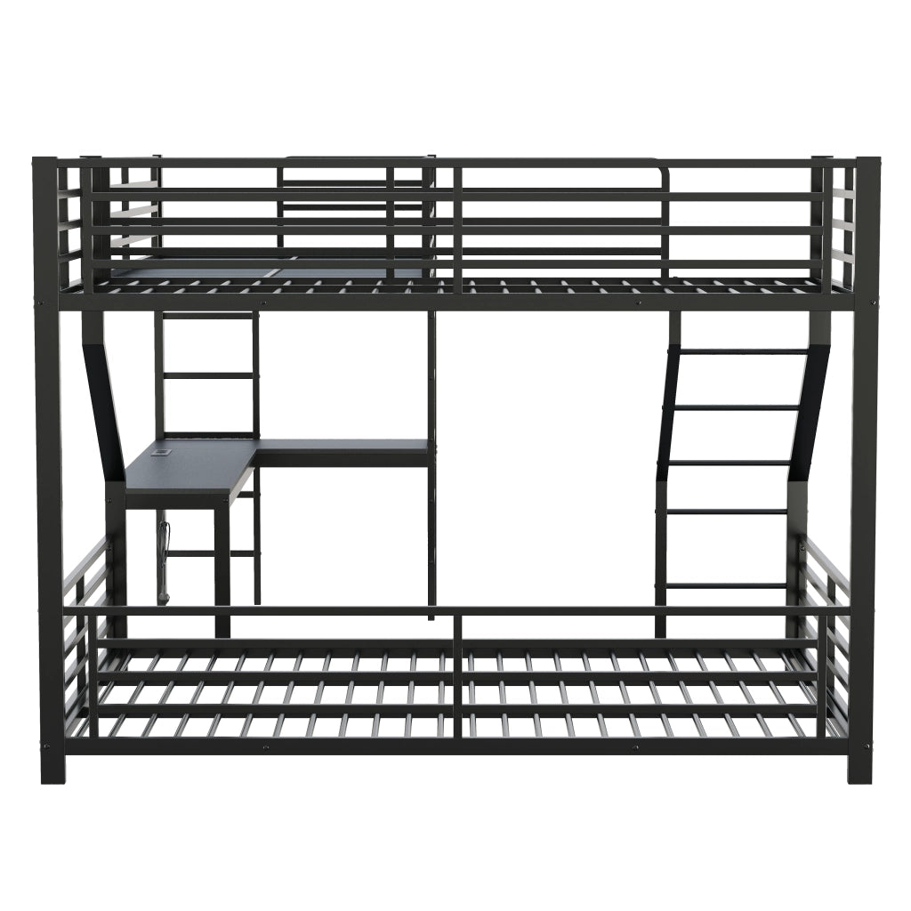 Letto a Castello 90x200 cm e 140x200 cm; 3 Posti - Scrivania; USB e Type-C - Nero