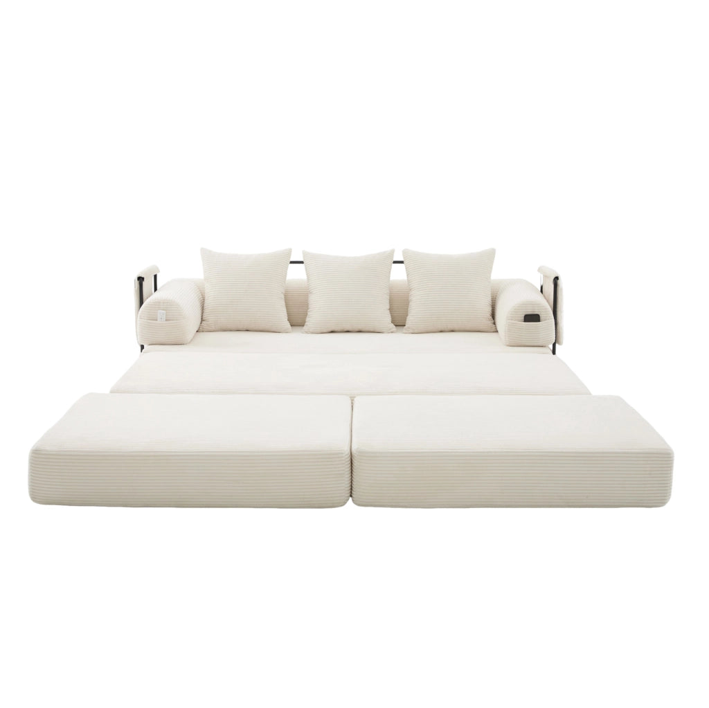 Divano modulare in corduroy beige con tasca laterale; 3 cuscini e struttura in metallo 200x190x67 cm