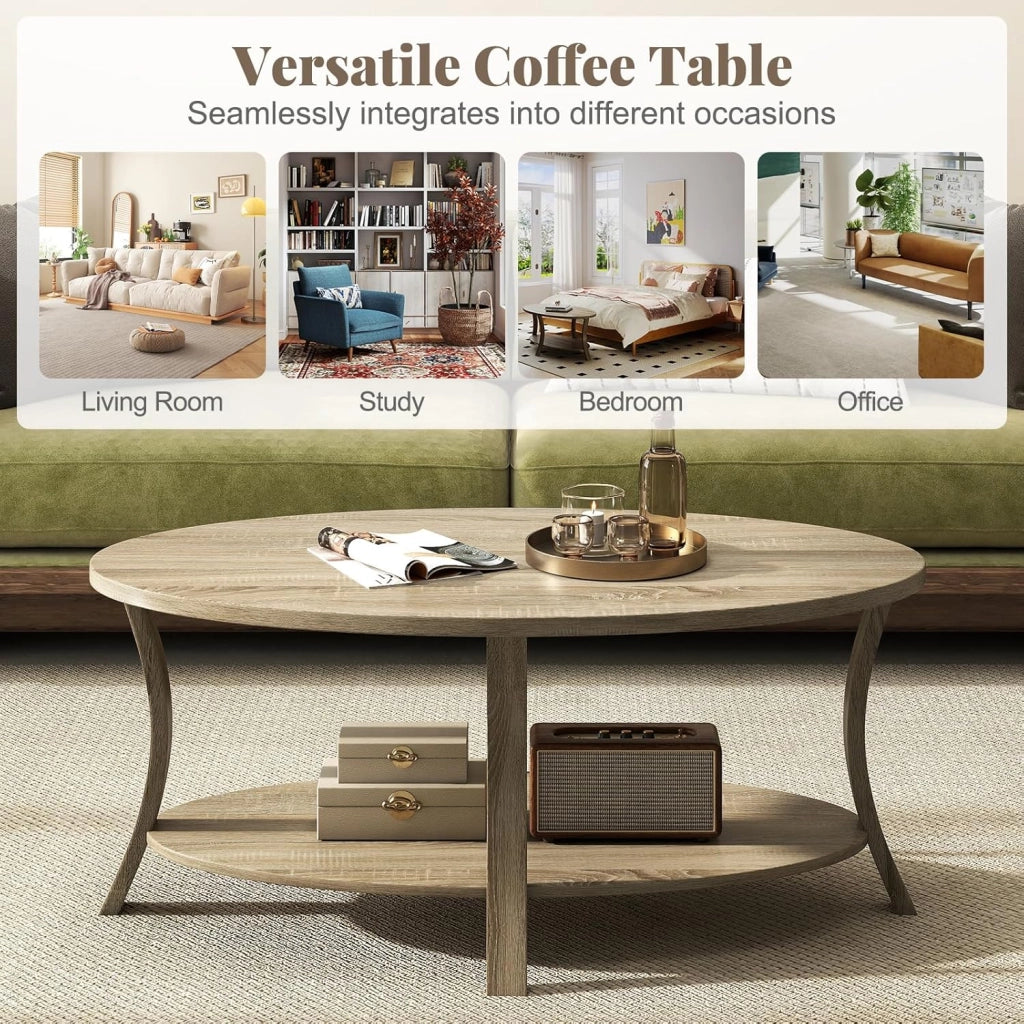 Tavolino da Centro a 2 Livelli, Tavolino Ausiliario Ovale con Gambe Curvate, Venatura del Legno, Piedini Antiscivolo, Ripiano per Soggiorno, Studio, Sala d'Attesa, Grigio/Rovere (Naturale)