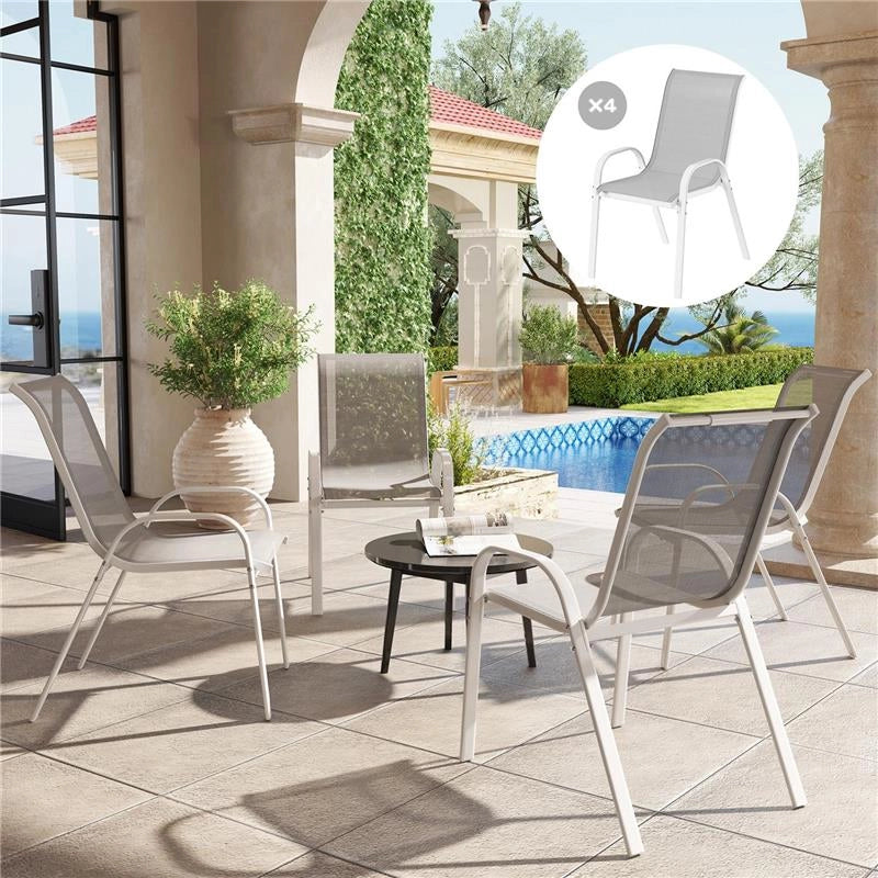 SET 4 SEDIE DA GIARDINO IMPILABILI CON BRACCIOLI CURVI, IN ACCIAIO E TESSUTO TRASPIRANTE, 54X71X93 CM, GRIGIO BIANCO