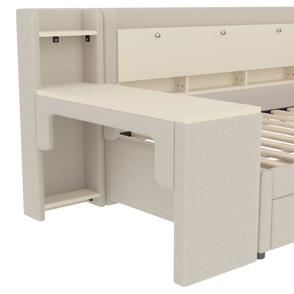 DESMIU Letto banquette 90 × 200 cm 1 posto con 2 cassetti, scrivania, USB e Type-C, senza materasso, beige