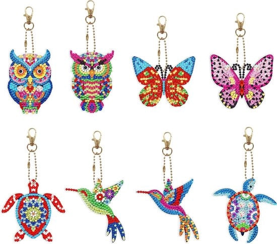 Set di Chiavi Decorative Diamantate - 8 pezzi - Disegno Animale - Arte Creativa - Doppia Facia - Smerigliatura a Gemme - Uccellagione - Tartaruga - Farfalla - Inclusi accessori