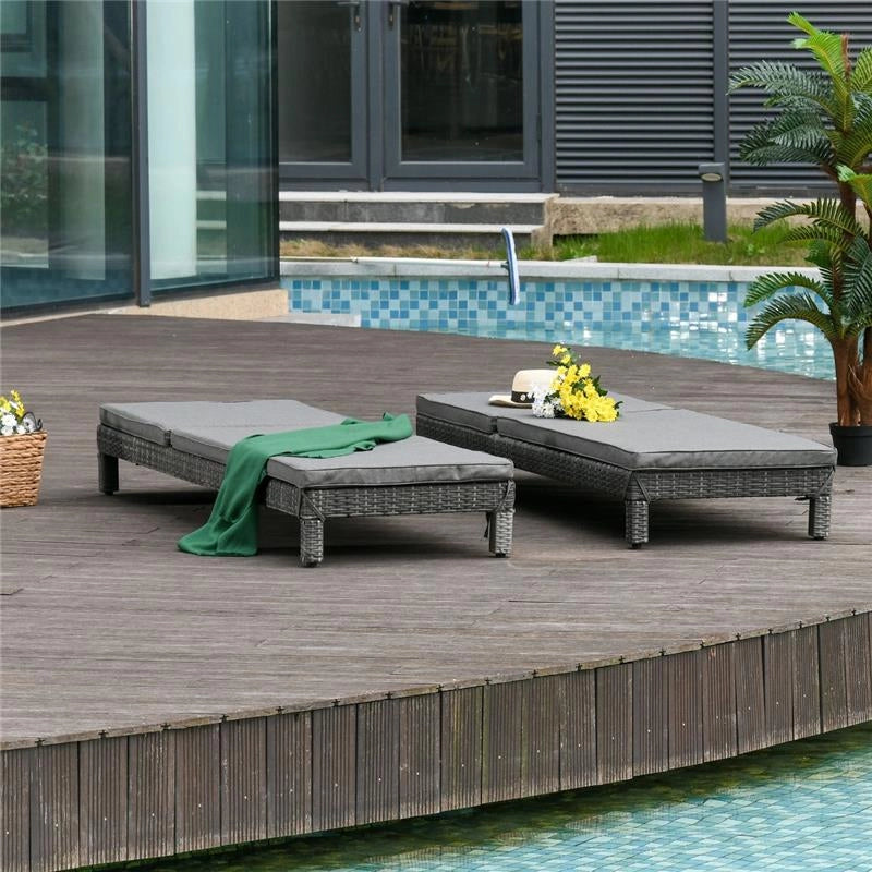 SET 2 SDRAIO DA GIARDINO IN PE RATTAN CON CUSCINO IMBOTTITO GRIGIO 196X65X22 CM
