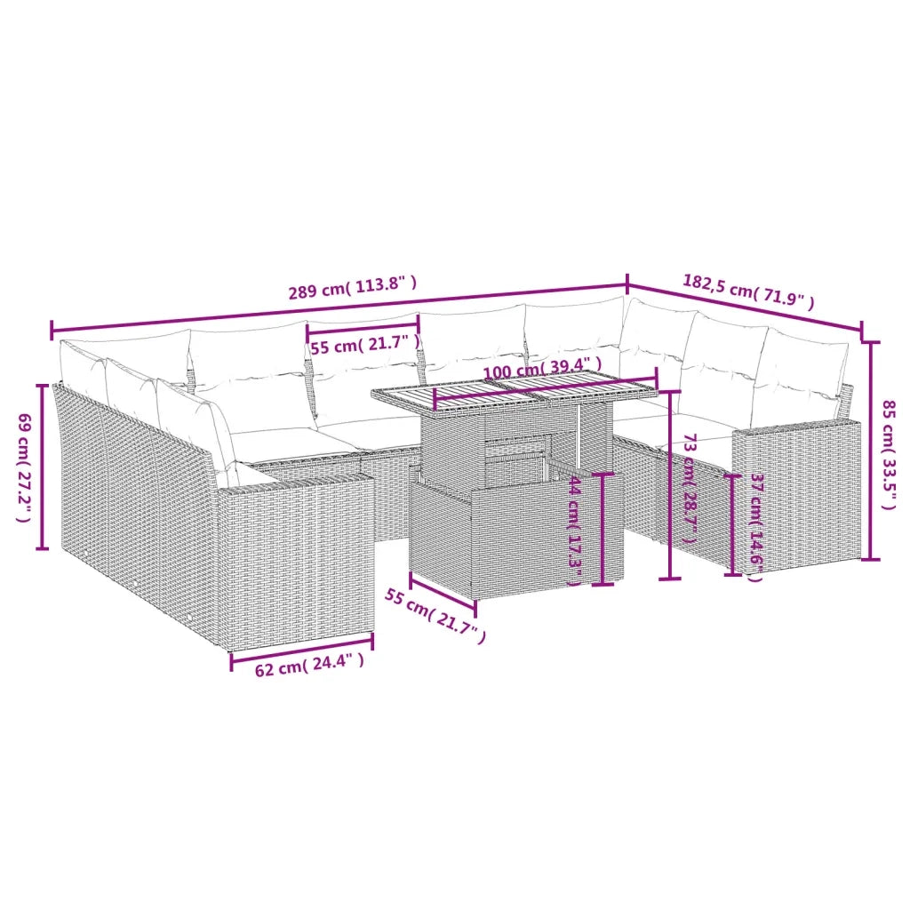 Set Divano da Giardino 10 pz con Cuscini Grigio in Polyrattan