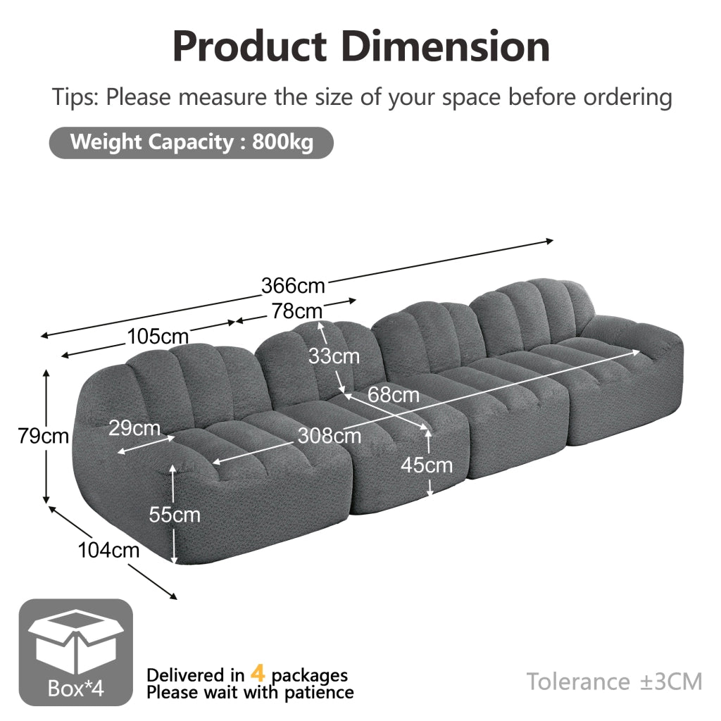 Divano modulare 4 posti senza struttura con seduta profonda; schienale ergonomico; in pile granoloso grigio