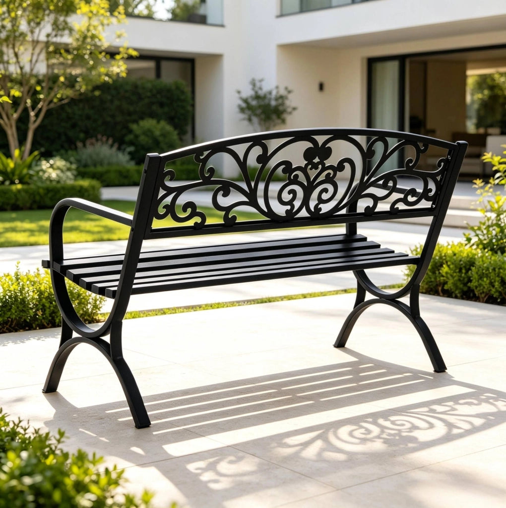 Panchina da giardino per 2 persone 127x60x85 cm in acciaio e ghisa; nera