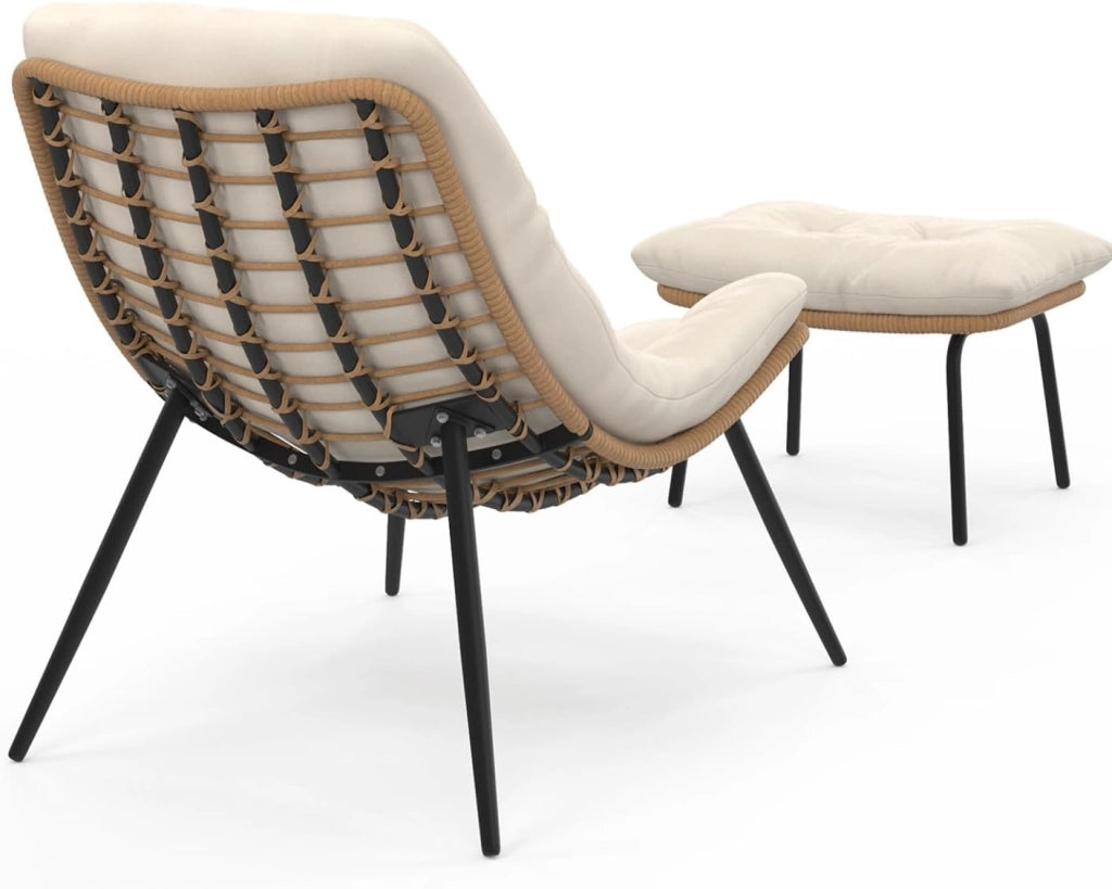 Set di 2 poltrone reclinabili LOA in Rattan con Cuscini Ecrù e poggiapiedi