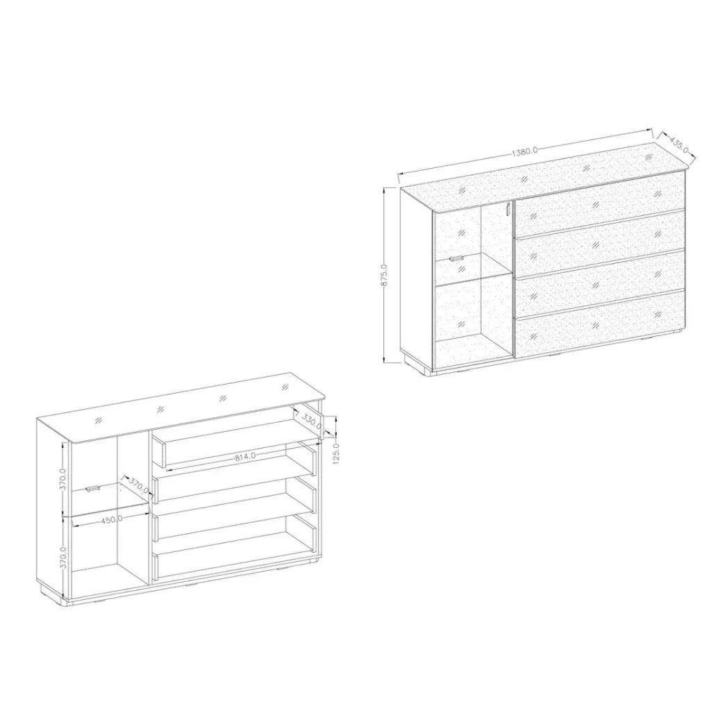 Credenza TONGA 138x87.5x43.5 cm con 4 cassetti, 1 porta e LED, colore wengé
