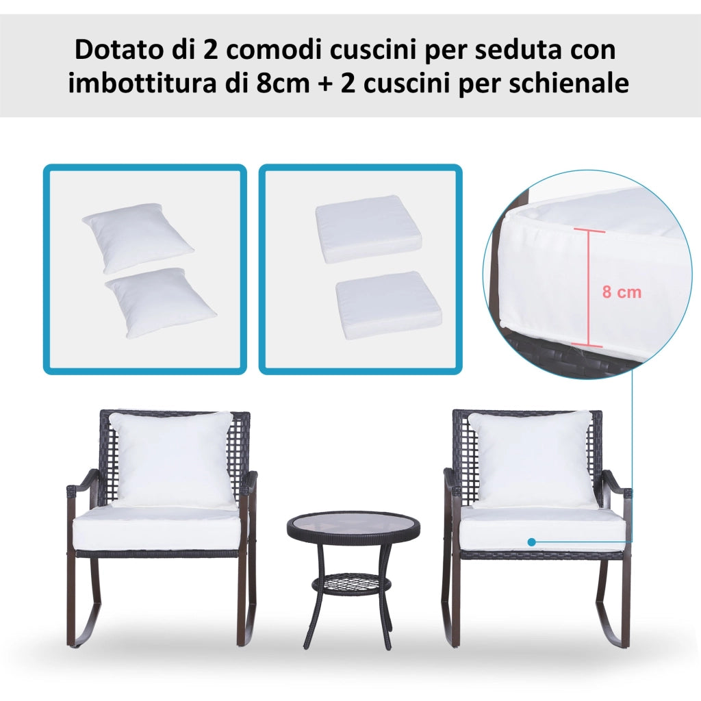 Set Salotto da Giardino in Rattan Sintetico 2 Poltrone a Dondolo e Tavolino Marrone
