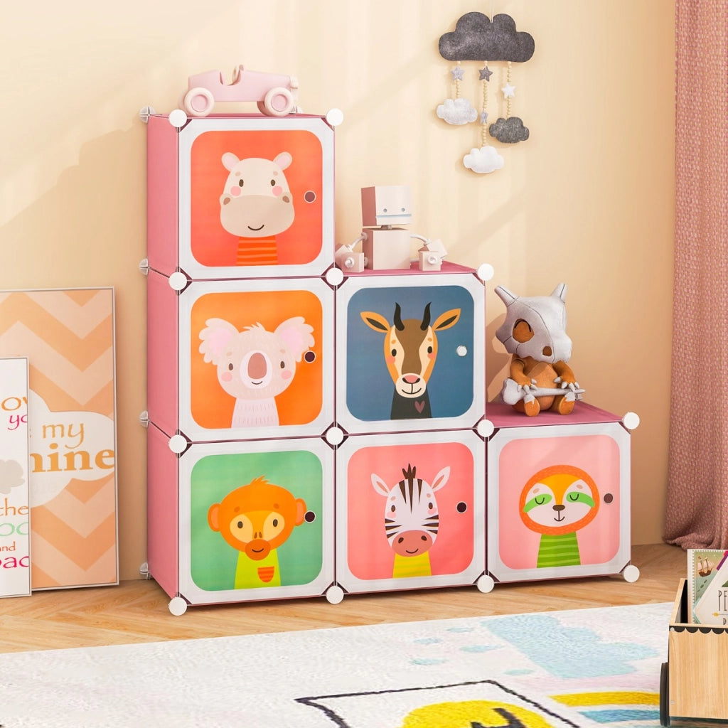 Armadio per bambini portatile 8 cubi con barra appendiabiti, Armadio bambini mobile motivi adorabili per cameretta Rosa