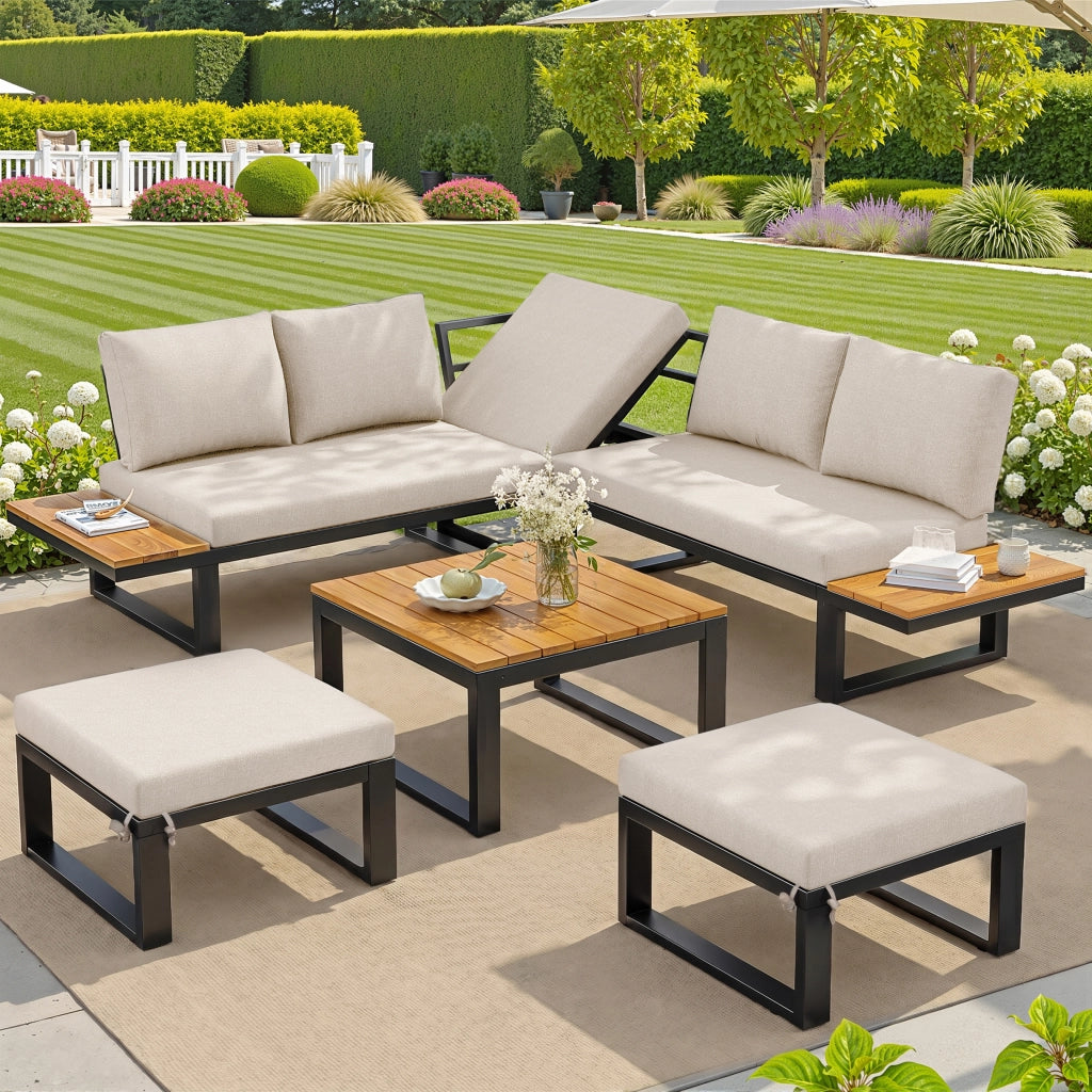 Set Divano Angolare da Giardino 6 pezzi con Tavolino ¨C MINIMAL ¨C Acciaio, Cuscini Grigio/Beige, Schienale Regolabile