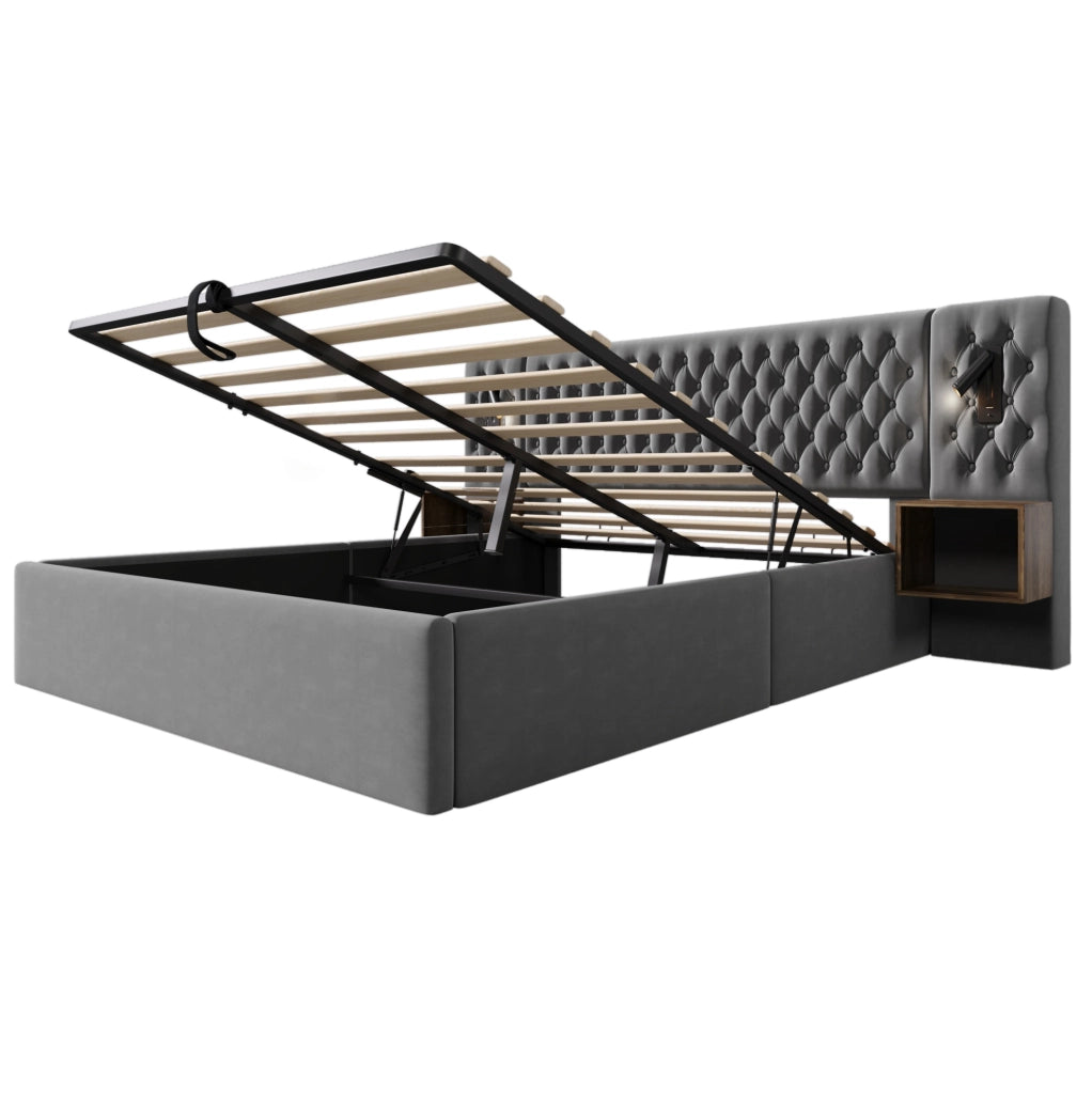 Letto matrimoniale 160x200 cm in velluto grigio con 2 comodini; luci lettura e ricarica USB-C