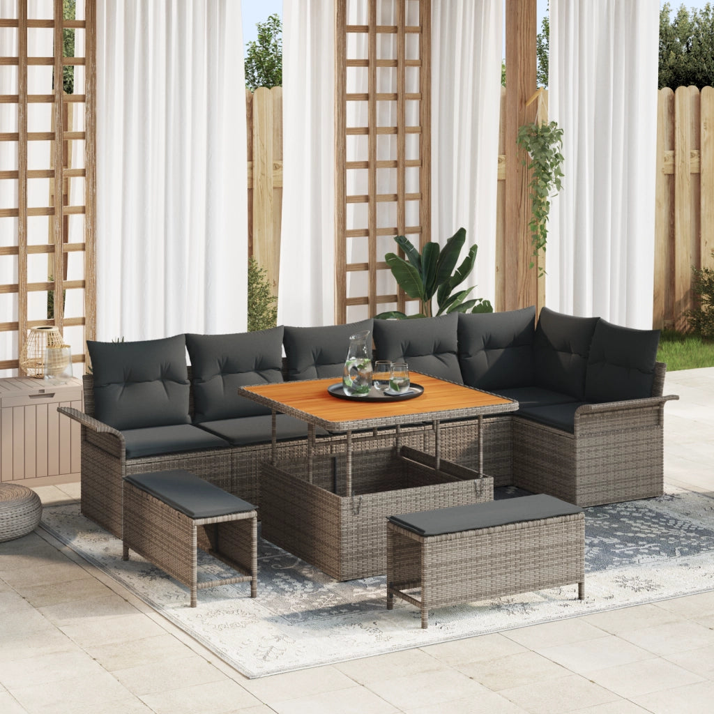 Set di divani da giardino 9 pezzi con cuscini grigio polyrattan acacia