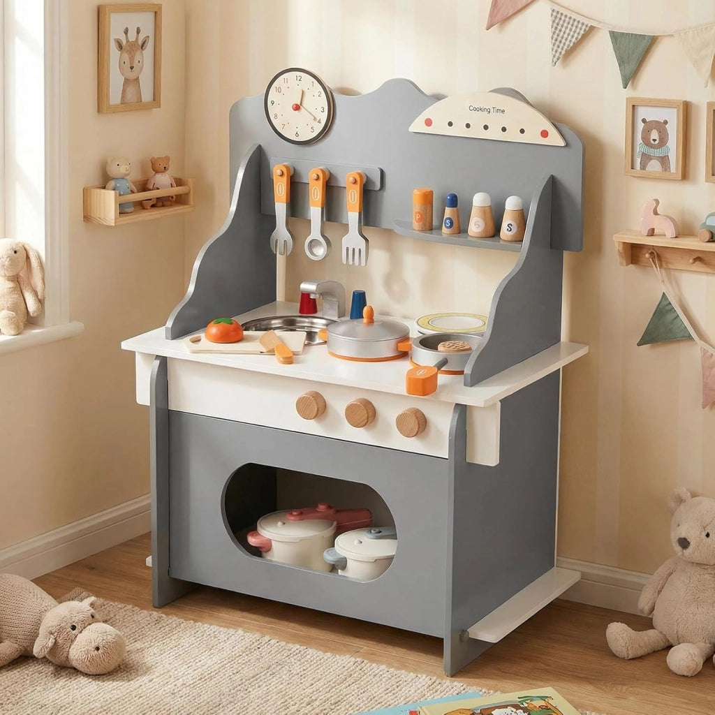 Cucina Giocattolo in Legno per Bambini, Set Gioco di Finzione con Orologio, Fornello, Porta Spezie e Accessori Completi, per Bambini 3+ Anni, 52 x 29,5 x 71 cm (Grigio + Bianco)