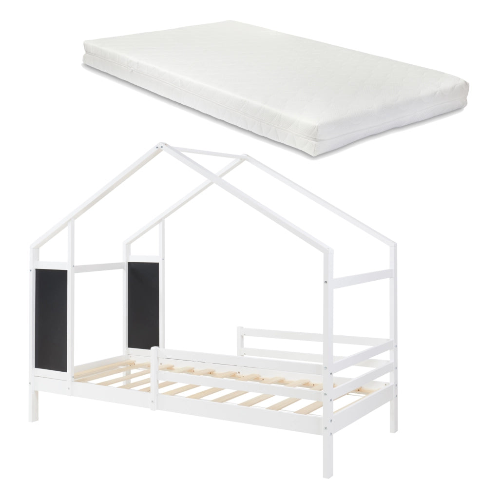 Letto a Casetta Lorenskog per Cameretta con Materasso 90 x 200 cm in Legno di Pino con Barriera Anticaduta - Bianco [en.casa]