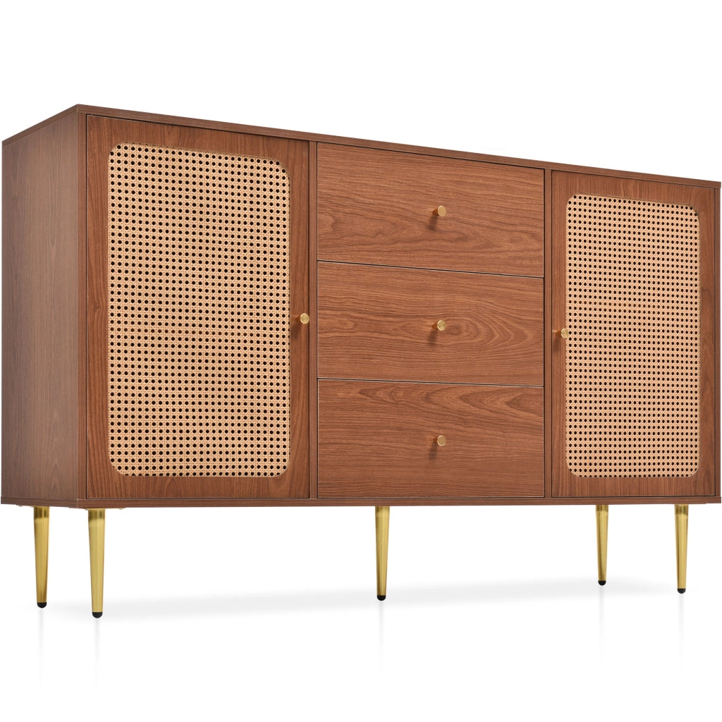 קומոդינה con 2 porte e 3 cassetti in effetto noce, ripiani regolabili, H90/B150/T40 cm
