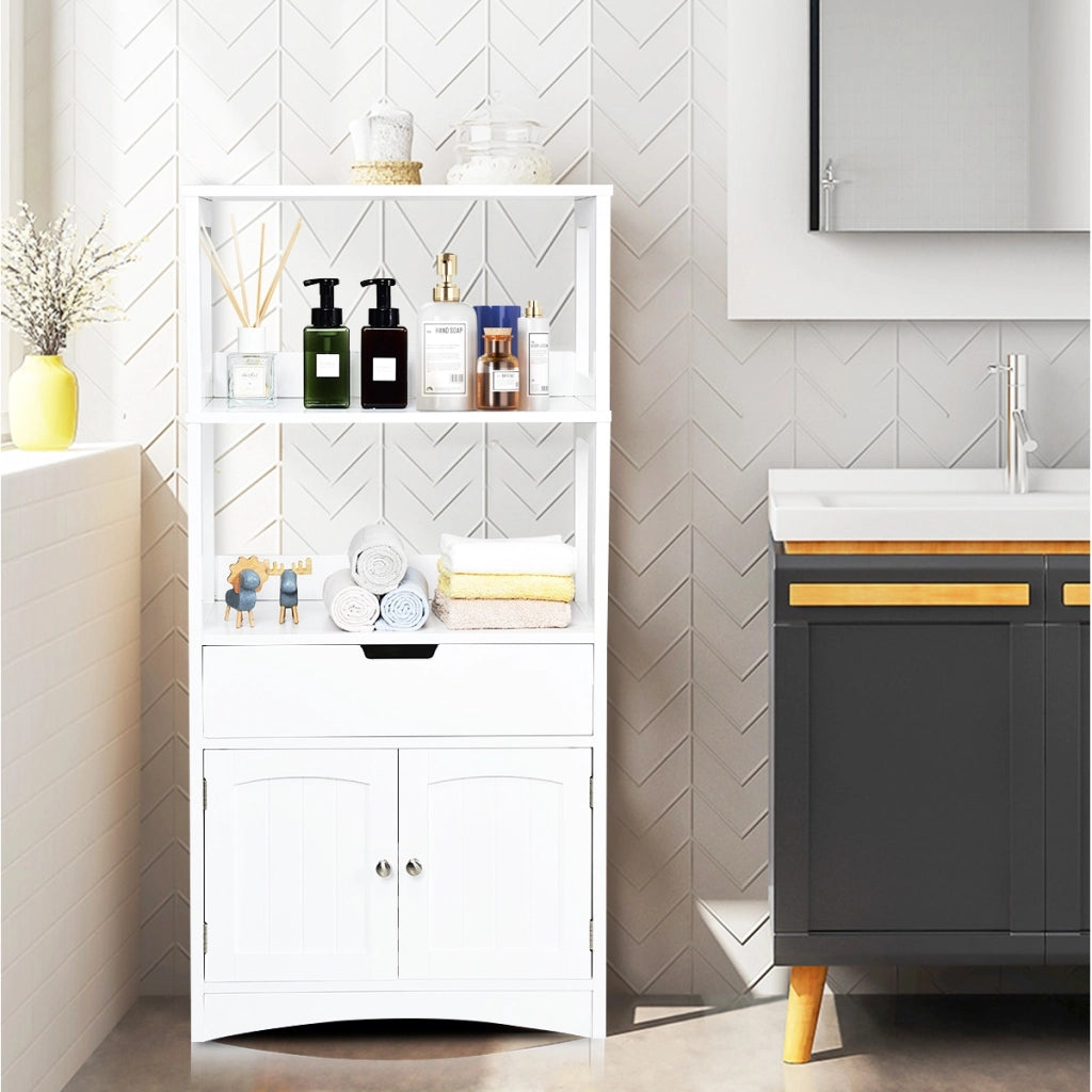 Armadietto in legno da cucina con cassetto e mensola, Armadio con 2 ante multiuso per cucina e soggiono Bianco-Scaffali e librerie