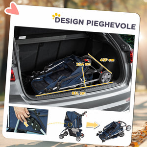 Passeggino per Cani Pieghevole 75x45x97 cm Peso Max 10 kg con Cestino e Portabicchiere Blu Scuro