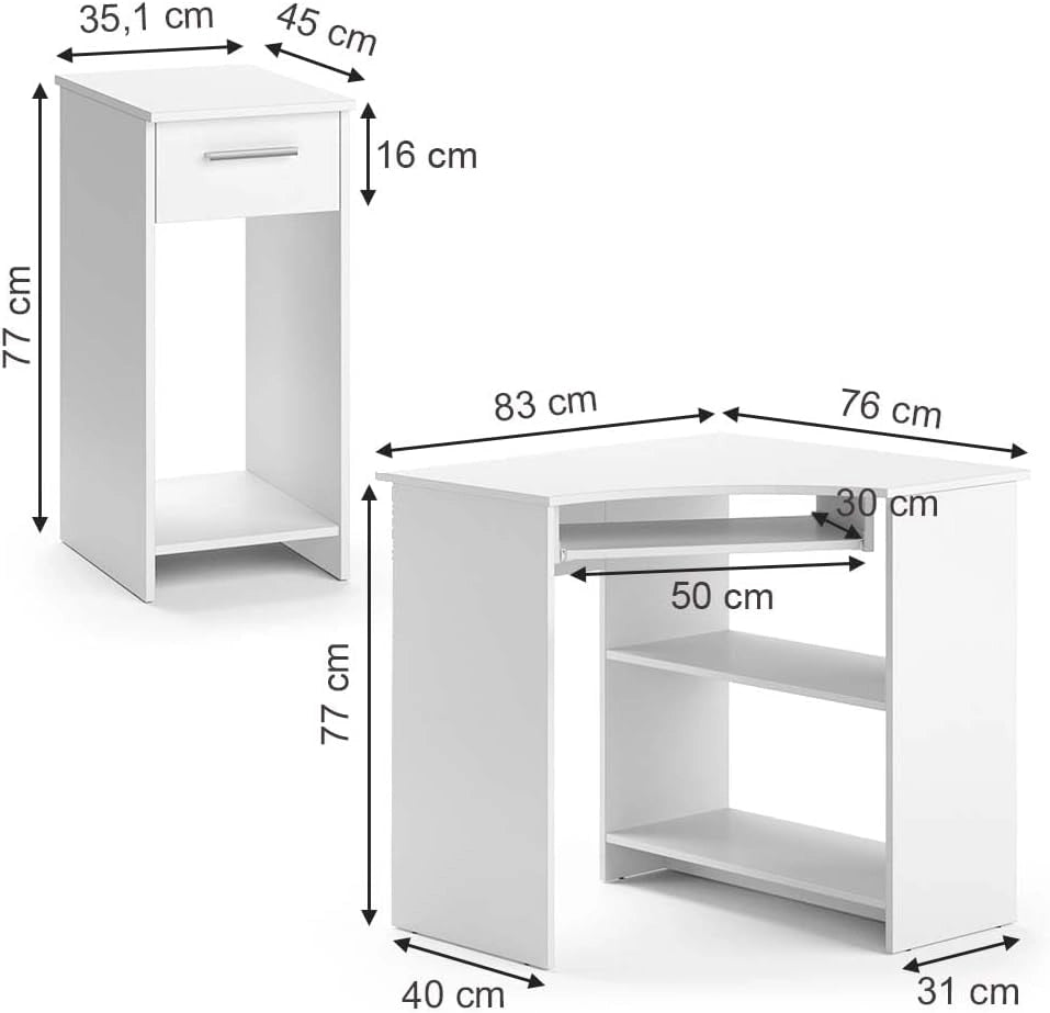 Scrivania angolare Odin, Bianco, 83 x 76 cm Set con armadio PC, con ripiano estraibile per tastiera e vano aperto per dispositivi