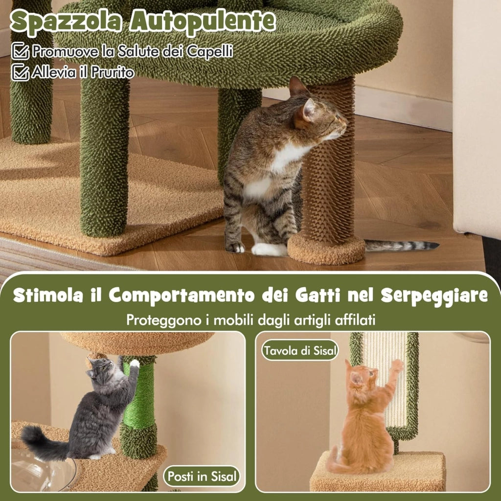 Tiragraffi per Gatti 150 cm, Torre di Gatti Multilivello con Pali per Graffio in Sisal e Giocattolo Pendente, Centro Attività per Gatti a Forma di Cactus da Interno