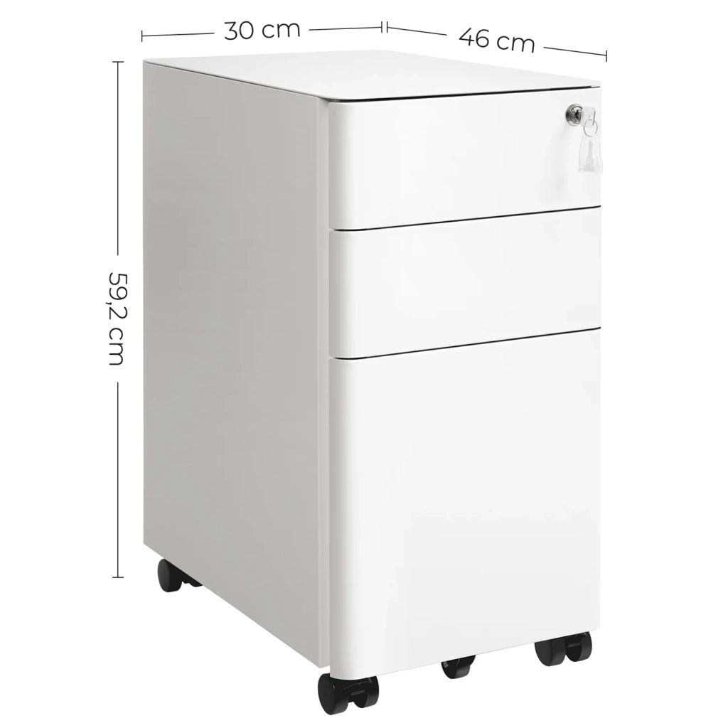 Mobiletto portaoggetti mobile per ufficio 30 x 46 x 59,2 cm con ruote e serratura per documenti e cartelle sospese con 3 cassetti bianco 12_0004825