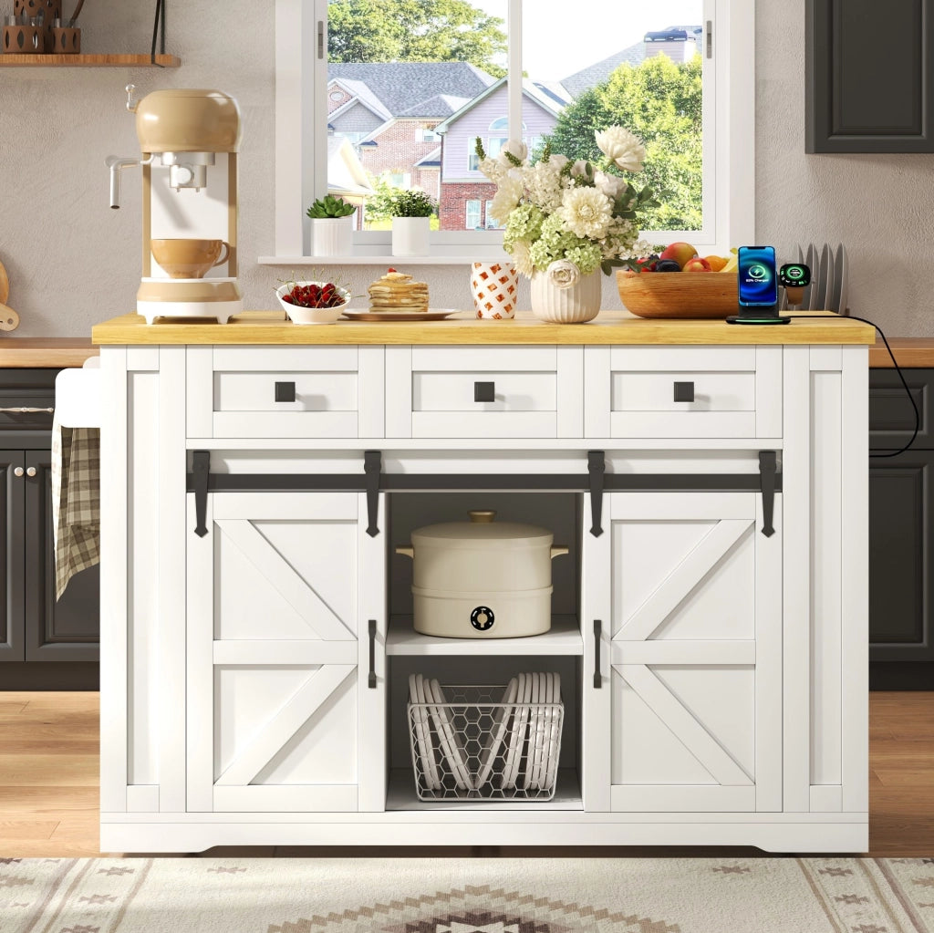 Isola cucina mobile in MDF con piano pieghevole, prese USB, cassetti e ripiani