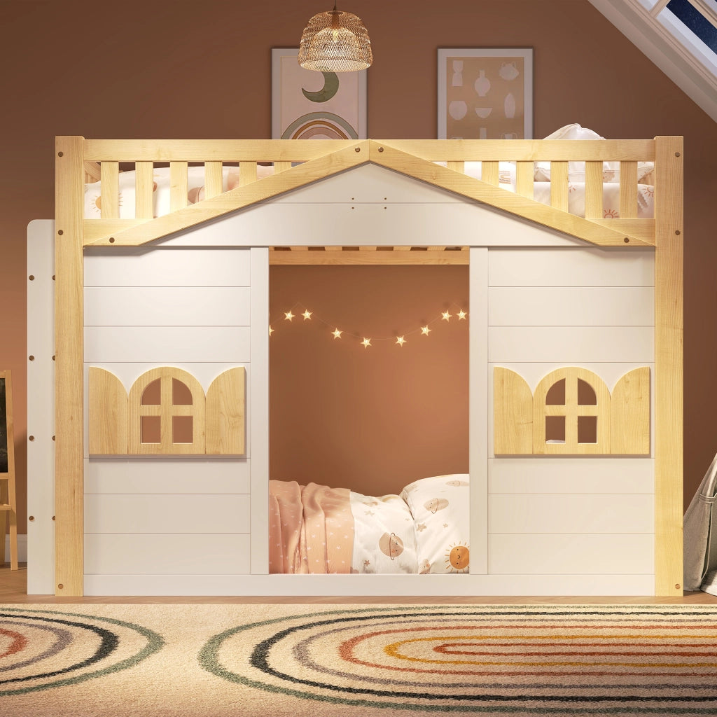 Letto a castello cabana con scala reversibile e finestra LEMONMAX; 90x200 cm; spazio sotto multifunzione; pino e MDF; bianco/naturale