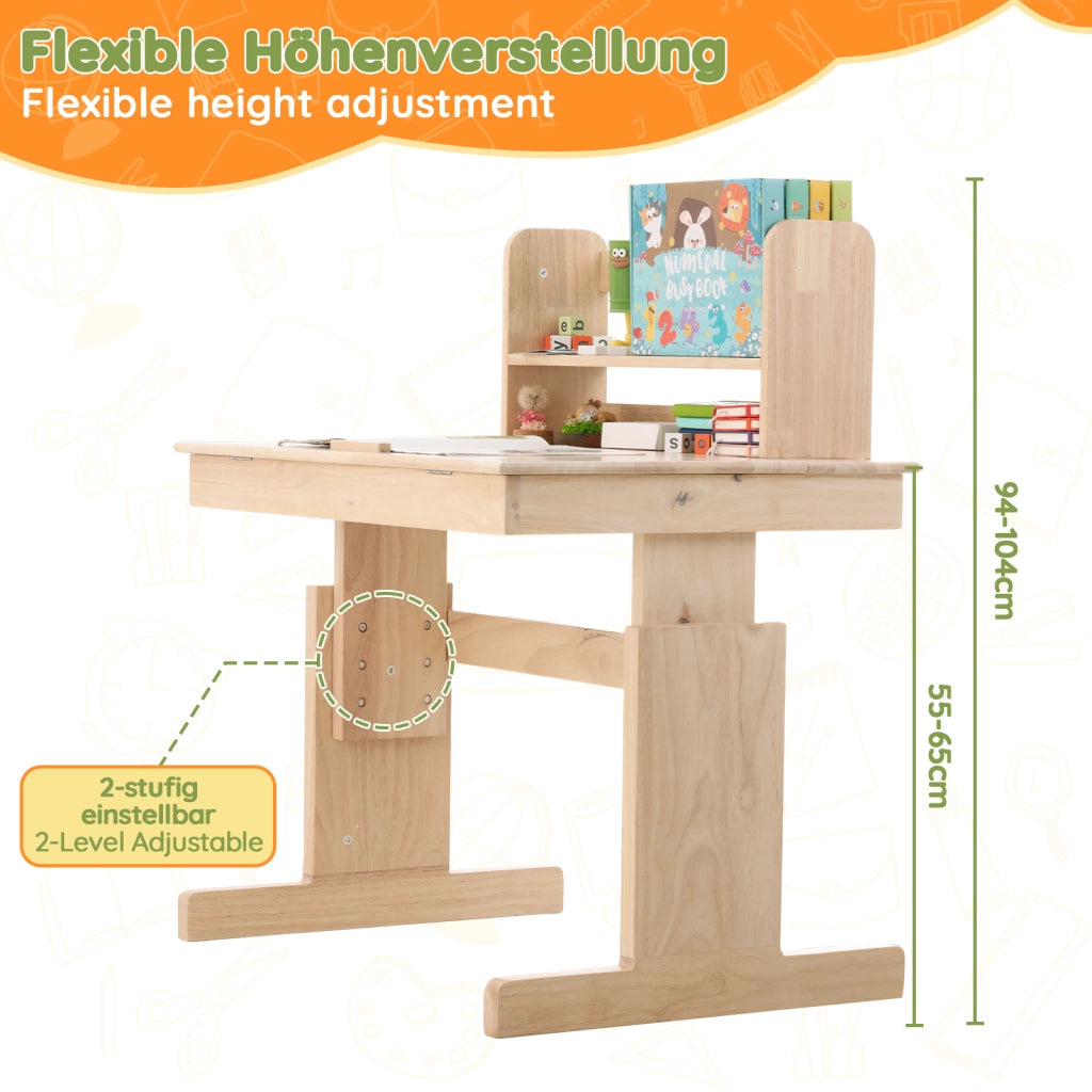 Scrivania lineare regolabile in altezza con piano inclinabile e leggio, per bambini, in legno massello naturale