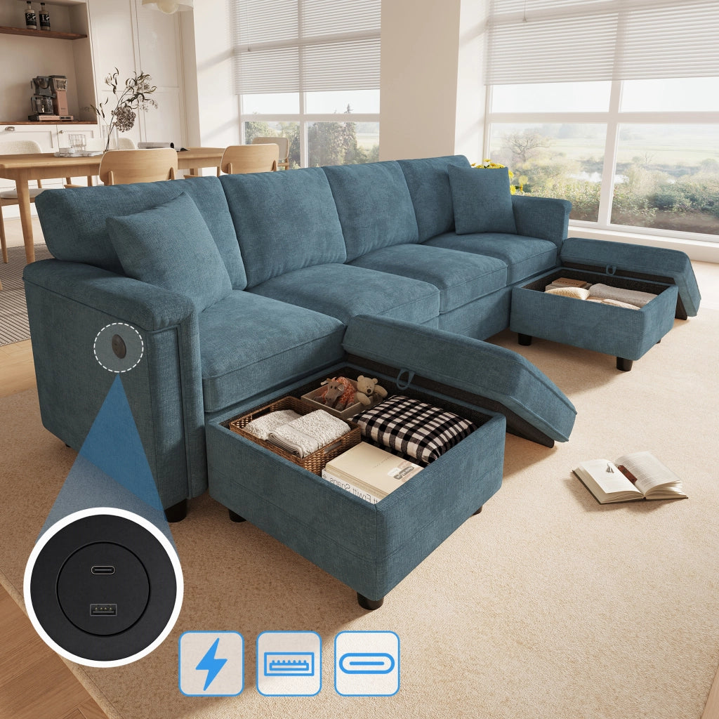 Divano modulare blu in ciniglia 261x134x82 cm con pouf contenitore; USB e Type-C