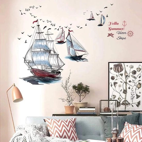105X115 cm - Immagine di una Barca a Vela Marittima Oceano Mare Ancore Tegole Sticker per Parete - Decorazione per la Casa - Camera da Soggiorno e Camera da Letto - Bagno - Cucina - Corridoio Grande