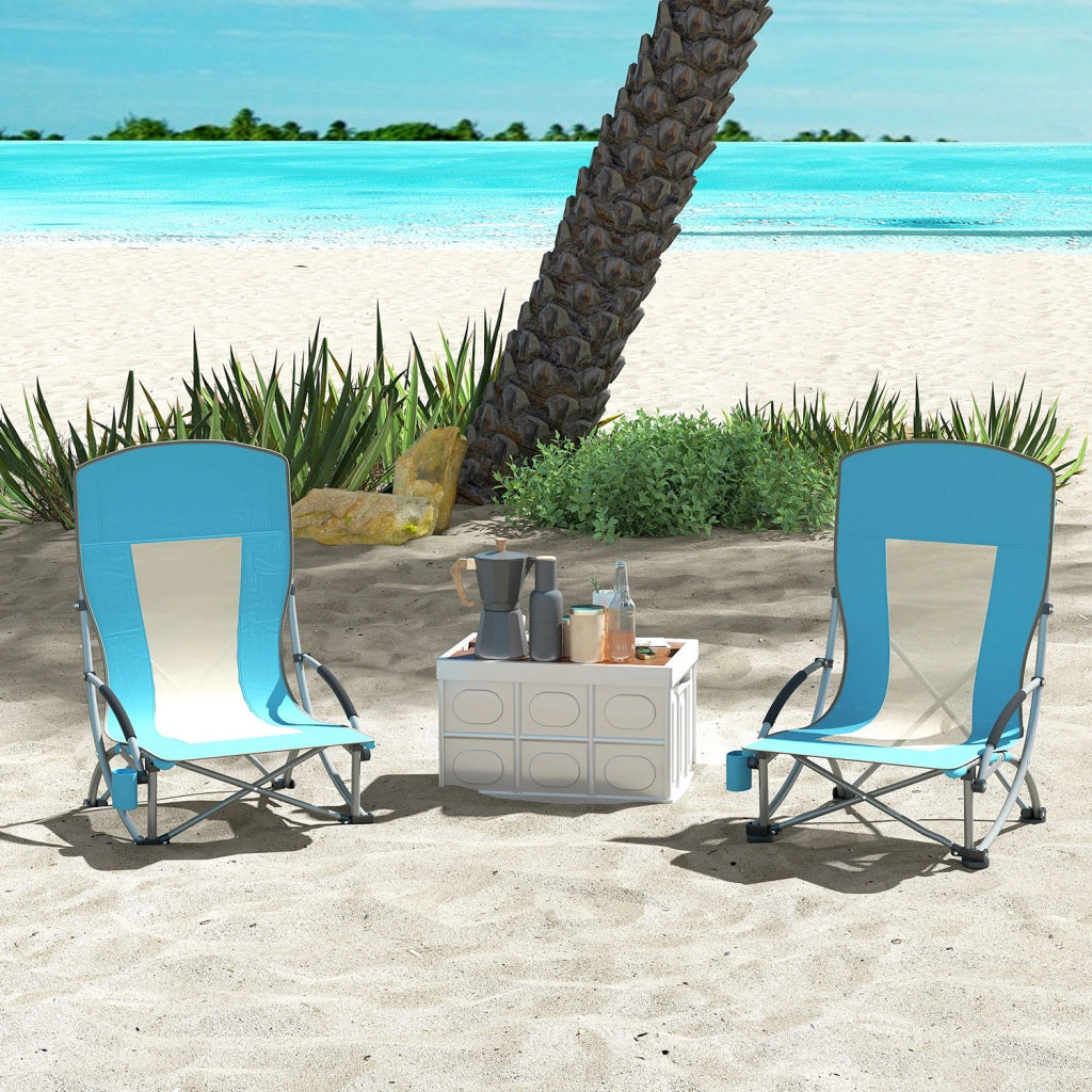 Set 2 Sedie da Spiaggia e Campeggio in Tessuto Pieghevoli con Braccioli con Borsa di Trasporto Blu