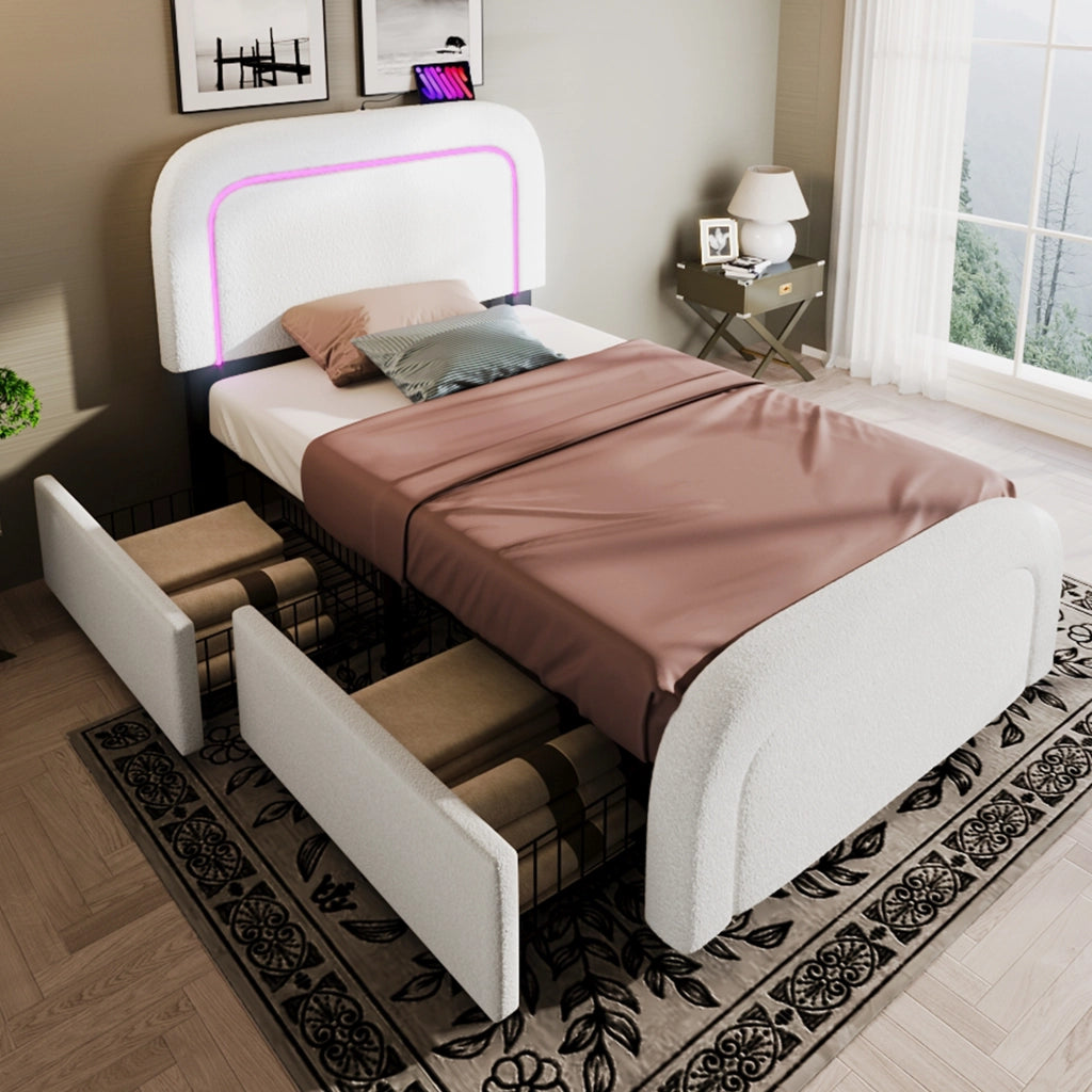 LETTO 90x200 cm Sherpa Bianco con materasso incluso, LED, USB Type-C e 2 cassetti