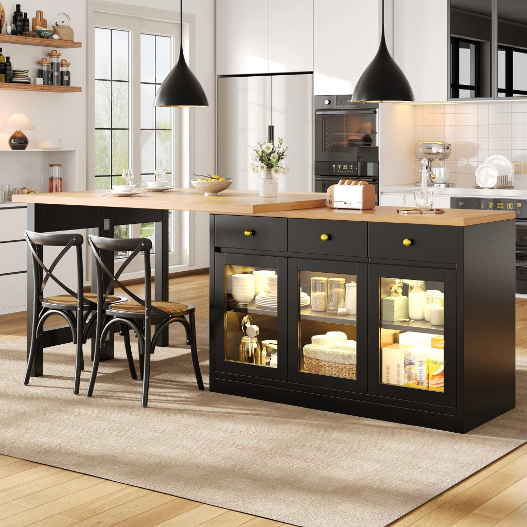 Isola da cucina, tavolo allungabile, illuminazione a LED, 3 cassetti, ante in vetro, nero