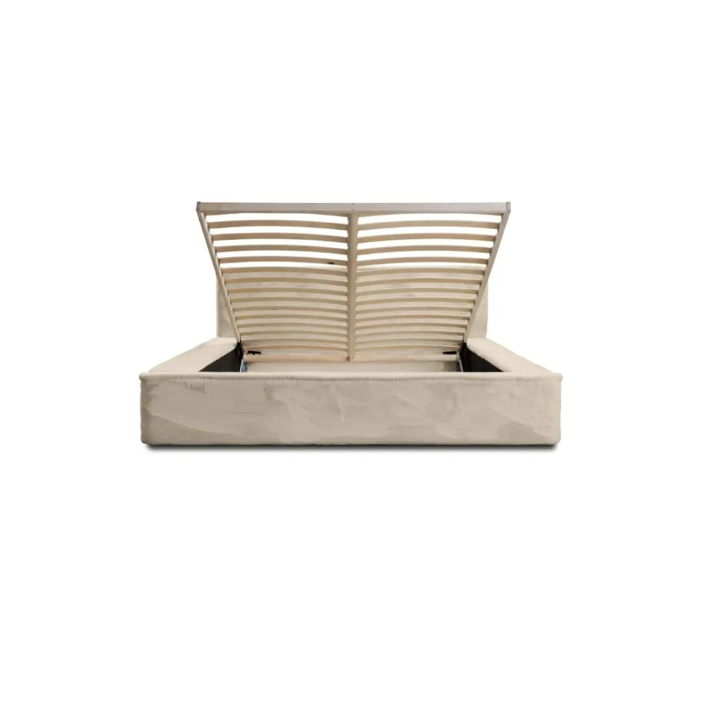 Letto contenitore ORLANE – Velluto beige dune – 140x200 cm – Rete sollevabile – Design di alta gamma