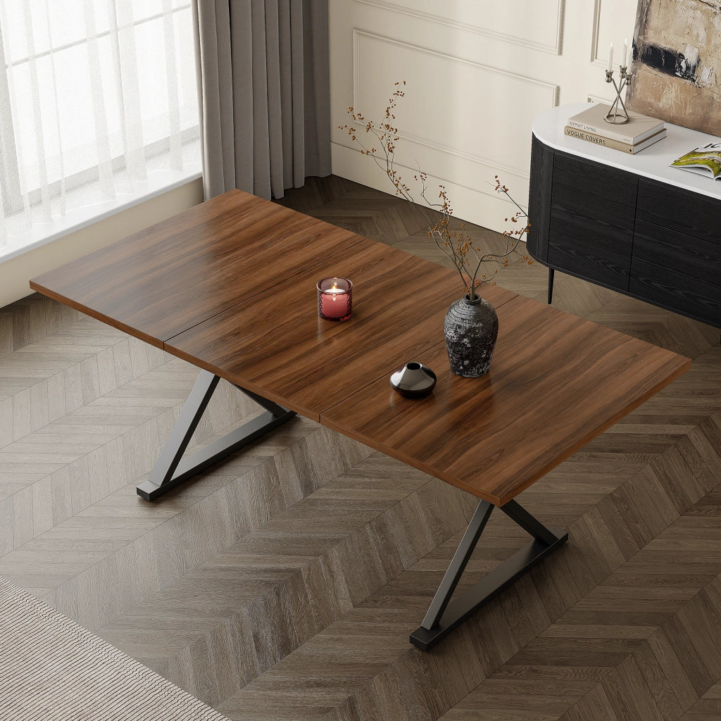 Tavolo da pranzo per 6-8 persone con gambe in metallo a X design minimalista in MDF noce e nero 180 × 90 cm