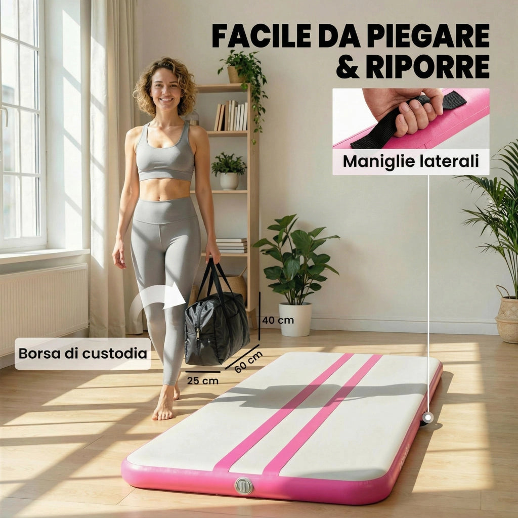 Tappetino Gonfiabile Ginnastica 205x102x10 cm con Pompa Elettrica e Borsa Trasporto in PVC Rosa