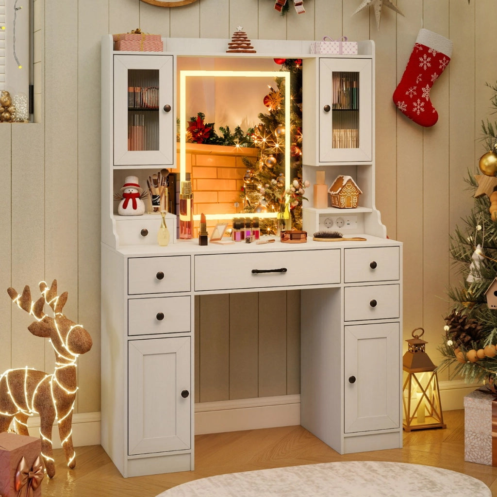 Tavolo trucco con prese di corrente e luminosit¨¤ regolabile, Scrivania trucco con porta asciugacapelli e cassetti