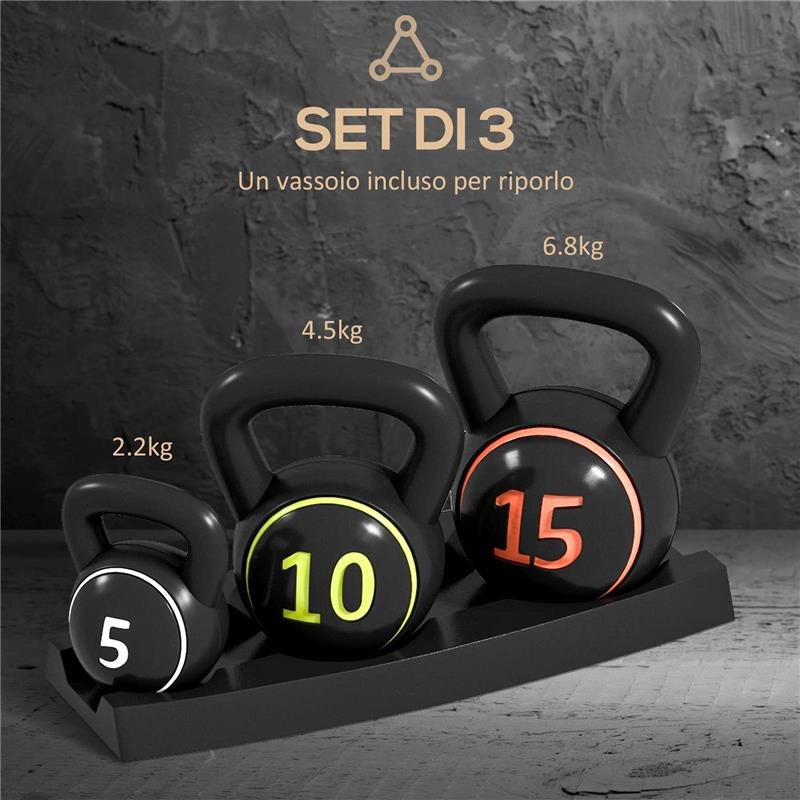 SET 3 KETTLEBELL DA 2.2 KG, 4.5 KG E 6.8 KG CON BASE PIATTA E PORTAPESI, IN PLASTICA E SABBIA, NERO