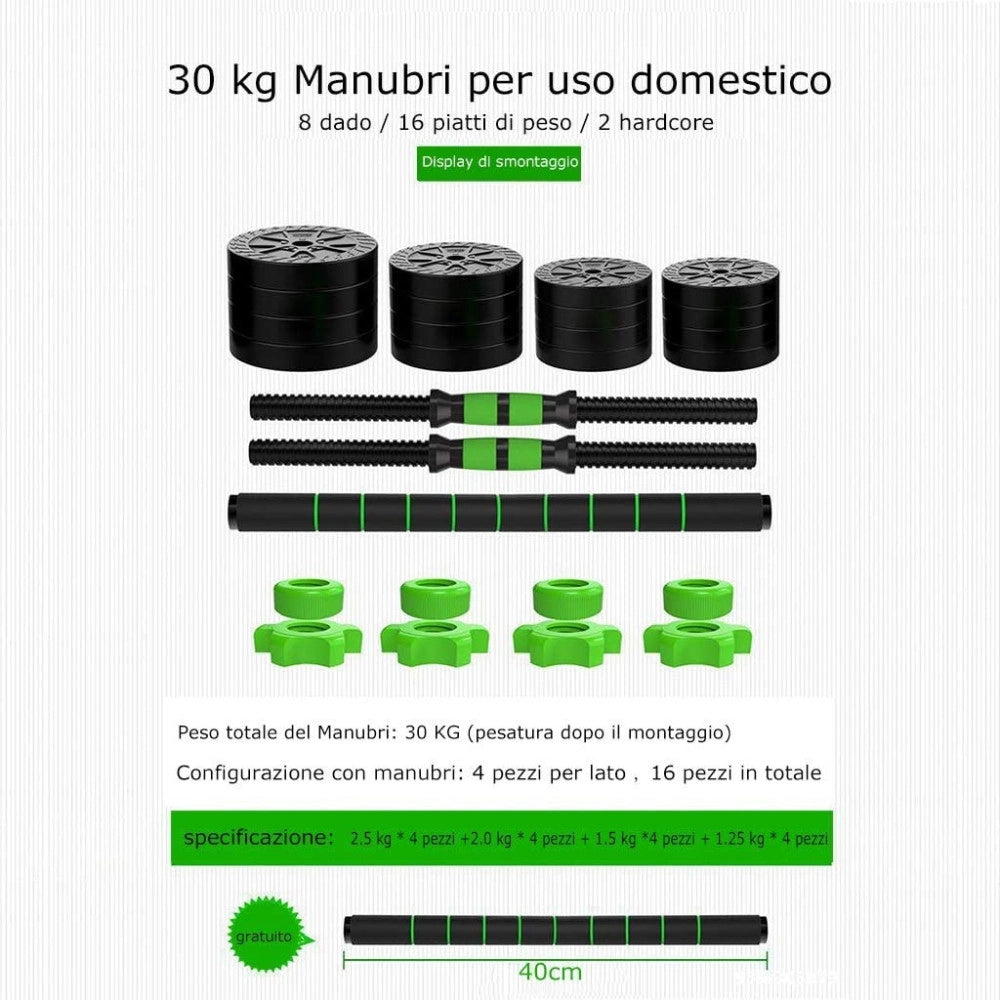 Trade Shop - Kit 2in1 Bilanciere + Manubri Con Pesi Regolabili Componibili Palestra Tot 30 Kg -