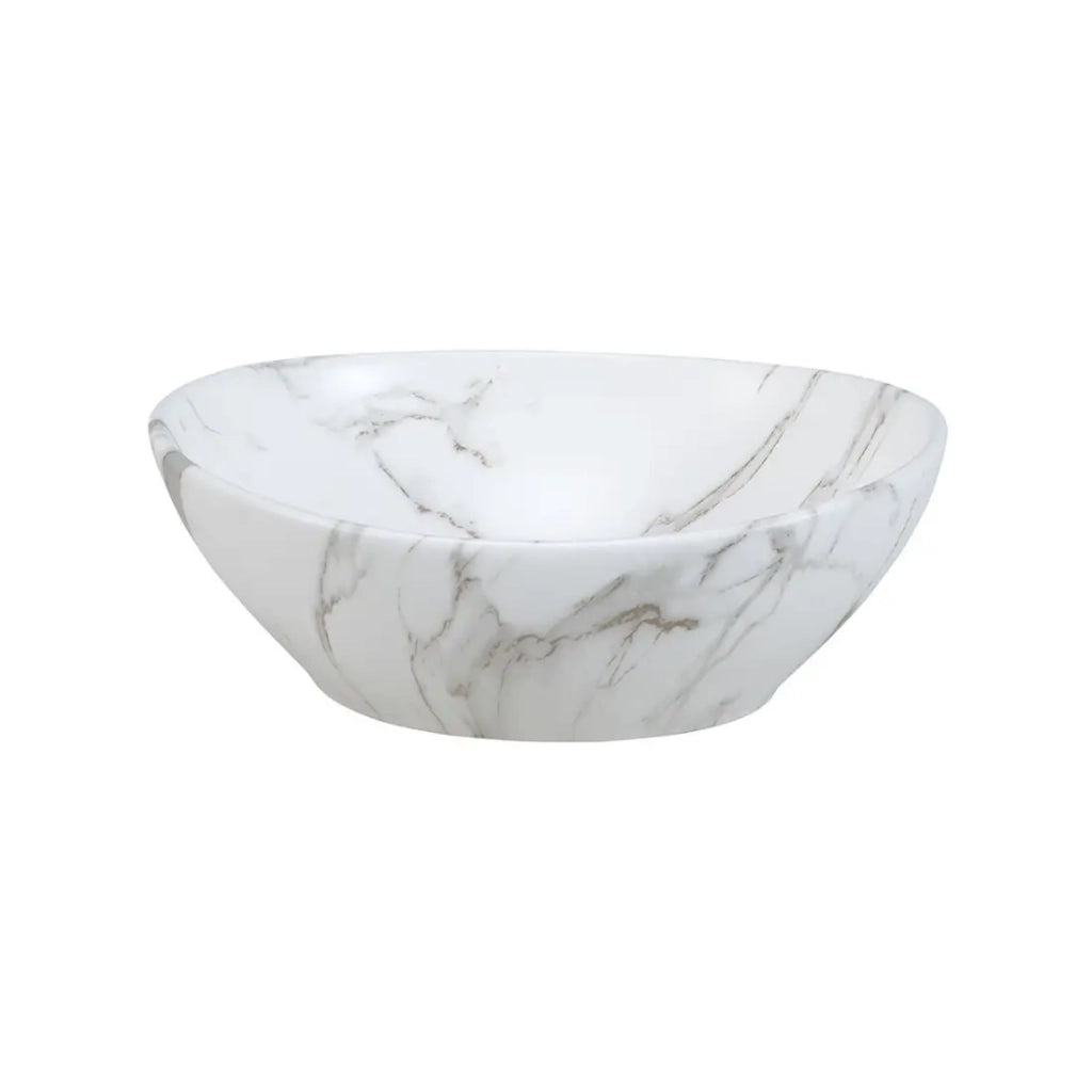 Lavabo da appoggio ovale 41x33 cm in ceramica bianca effetto marmo
