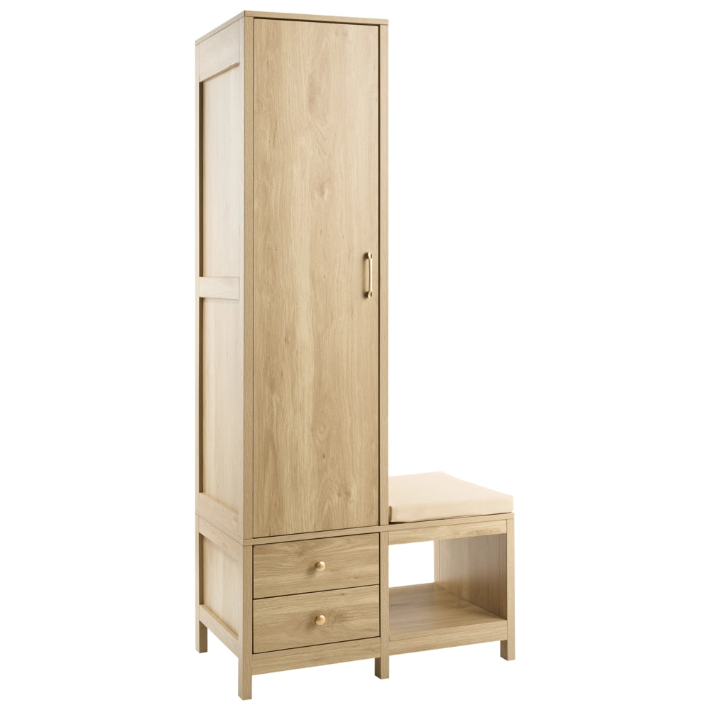 Mobile da Ingresso Alto con Seduta, Appendiabiti, 2 Cassetti e Ripiani a Vista in Truciolato e MDF Color Rovere Chiaro
